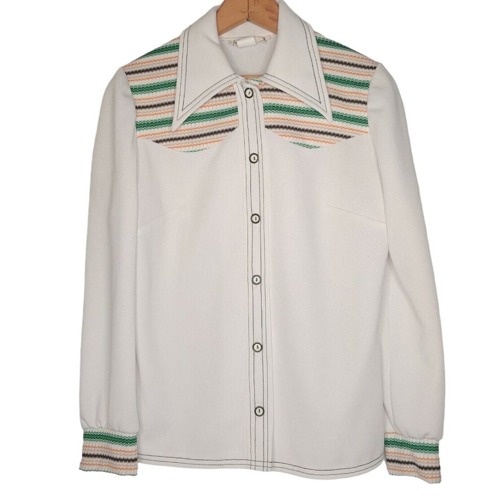 Vintage 70s Gay Gibson Womens Medium Shirt White Long Sleeve Button Knit Disco
